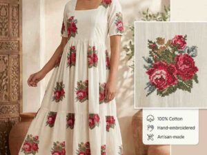 Archilana Floral Hand-Embroidered Cotton Anarkali Dress