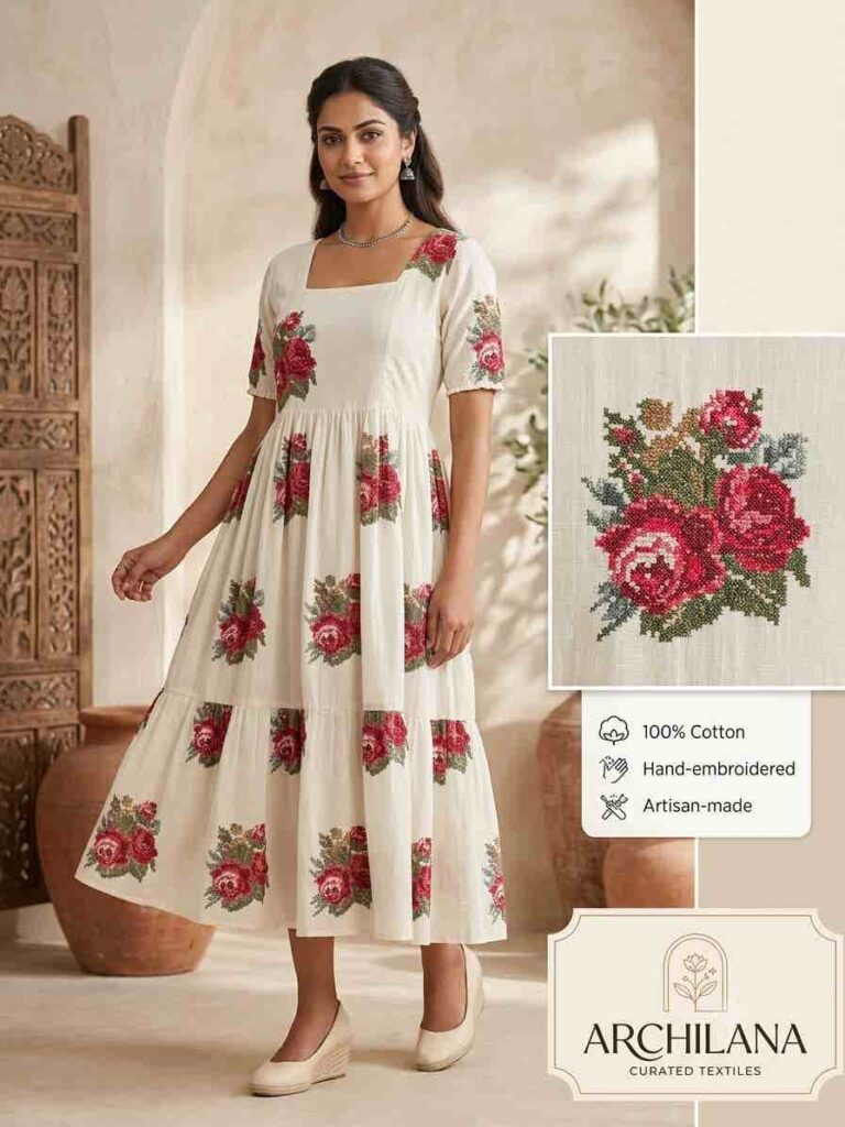 Archilana Floral Hand-Embroidered Cotton Anarkali Dress