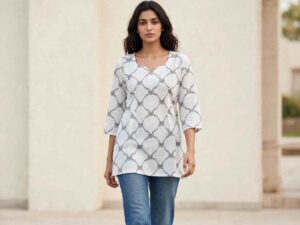 White & Grey Geometric Printed Cotton Tunic Top